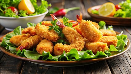 Fototapeta premium Delicious Breaded Scampi Tails with Fresh Salad Greens - Low Light Photography