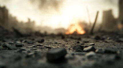 Close-up of rubble and debris in a war-torn city, fire and smoke in the background.