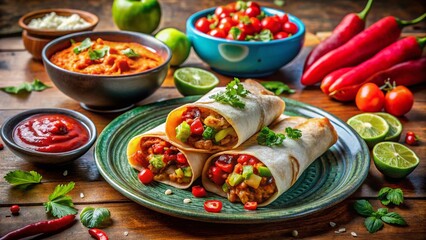 Delicious Burritos with Creamy Guacamole Dip -  A Vibrant Food Photography Shot