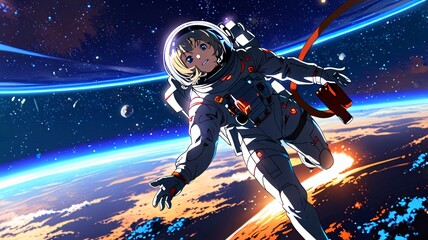 Spacewalk Anime: A young astronaut floats in the vast expanse of space, illuminated by the radiant glow of a distant sun, their eyes wide with wonder and determination.