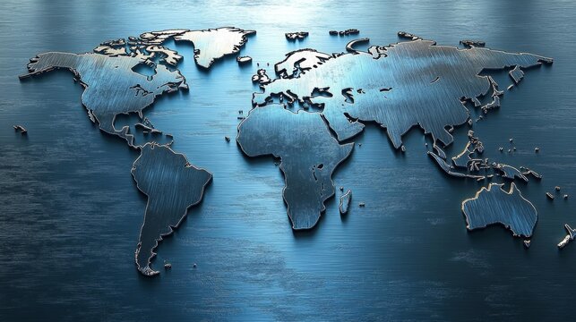 Metallic World Map on Dark Blue Background. Generative AI