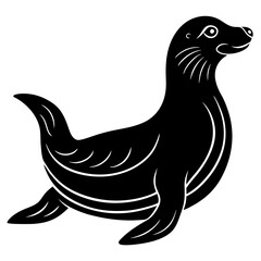 Cute Sea Lion Silhouette Line Art  Black Vector Carton Illustration
