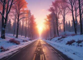 Snowy dawn road leading to colorful sunrise between snow-covered trees, snow, sunrise