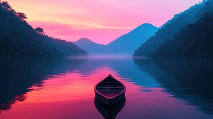 Tranquil Lake at Sunrise with a Single Boat Surrounded by Majestic Mountains and Serene Reflections on the Water