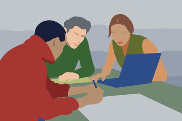 Two individuals are focused on a laptop while one person takes notes on paper in a collaborative setting, emphasizing teamwork and innovation in a modern workspace