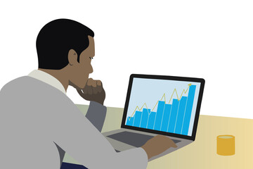 A focused individual examines upward trending financial graphs on a laptop in a neat, modern workspace, emphasizing analytical skills and business insights