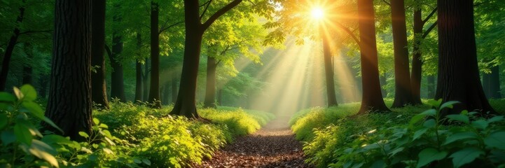 Deep woods, vibrant sunlight filtering through leaves, element, vegetation, graphic