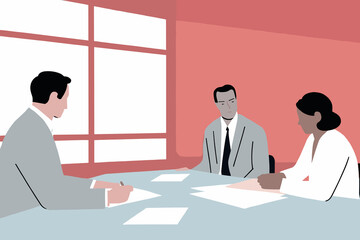 Three professionals engage in a strategic meeting at a sleek office, outlining future projects on paperwork while sharing insights and ideas