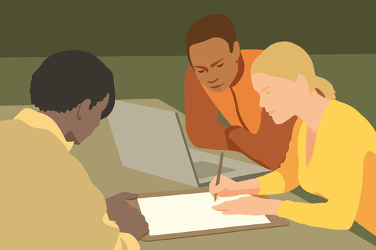 Three professionals engage in a brainstorming session, sharing ideas and strategies while working on a project at a modern desk with a laptop and paper