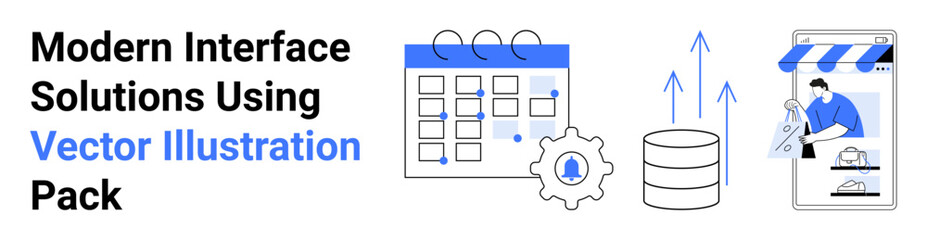 Calendar and settings gear, data upload to database, and online shopping app screen. Ideal for technology, business strategies, e-commerce, data management, productivity scheduling marketing. Flat