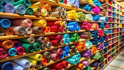 Fototapeta premium Colorful fabric rolls stacked on shelves in a textile store