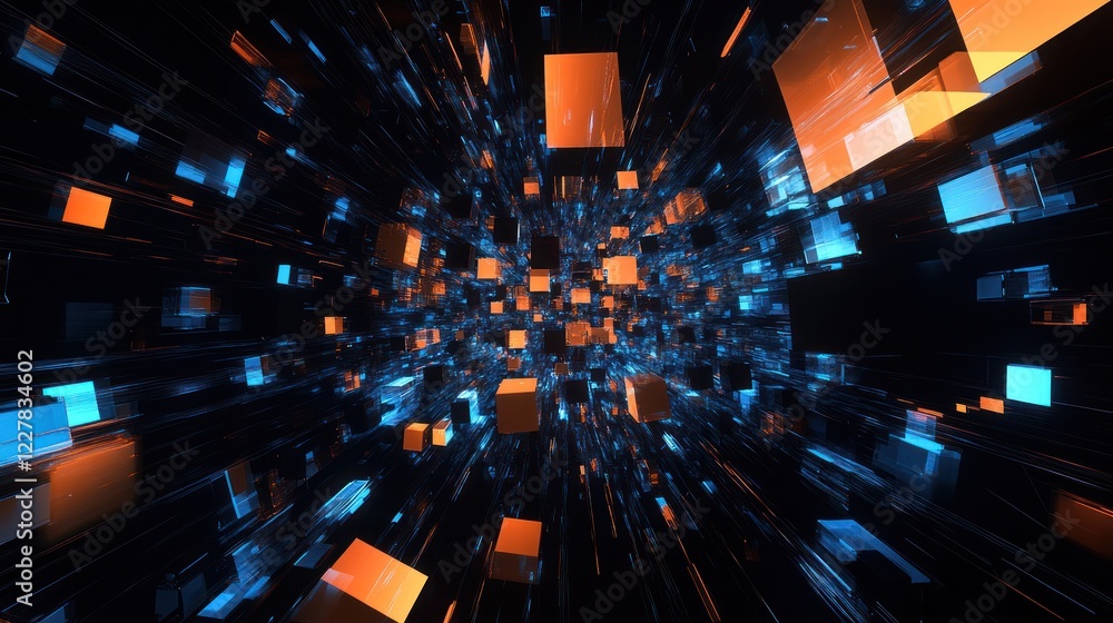 Poster abstract cubes in digital space for tech projects or virtual backgrounds, showing data flow and dept