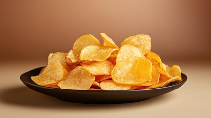 top-down view of barbecue-flavored potato chips neatly stacked on black plate illuminated by dramatic overhead lighting