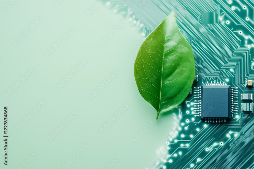 Poster a minimal leaf seamlessly integrates into a digital microchip against a neutral backdrop. the compos