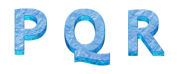 3d alphabet, set of letters and numbers made of ice, 3d illustration, p q r