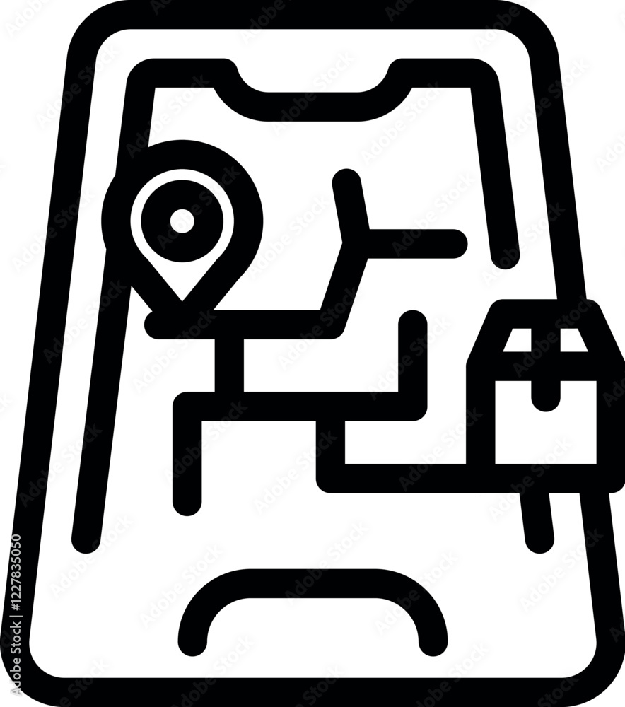 Poster smartphone showing road map with pin location and parcel, symbolizing delivery tracking and logistic