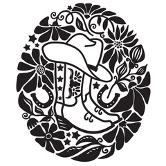 Cowboy boots with floral decoration. Vector wild west graphic silhouette 