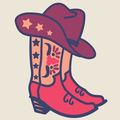 Cowboy boots and hat Vector colors Illustration isolated on white background - Wild West Country Style for printing