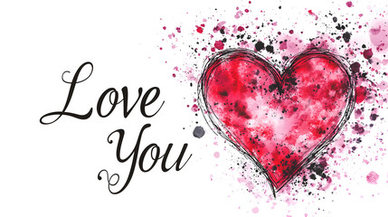 Valentine's Day card with an artistic abstract heart and "Love You" in elegant script isolated on white background in HD