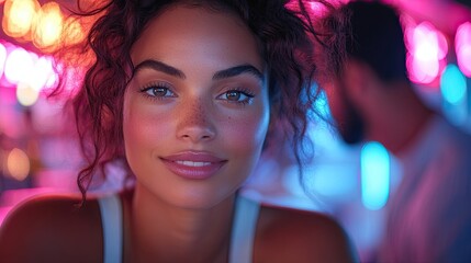 A young woman with freckles smiles at the camera with colorful lights in the background.