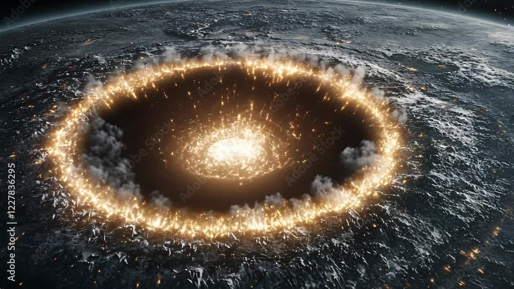 Poster explosive impact creating a fiery crater above a planetary surface with glowing debris and smoke in 