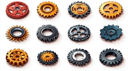 Obraz premium Twelve Colorful Gear Icons Displayed Against White Background