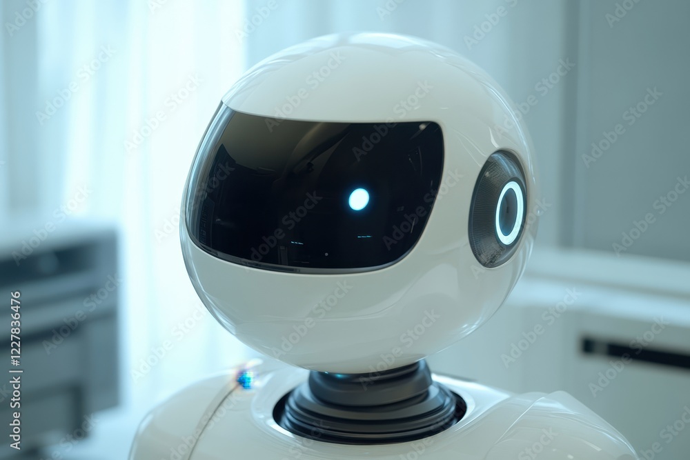 Poster robot with a round head and smooth surface interacting in a modern environment