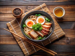 Delicious Fusion Ramen with Crispy Pork Belly - Panoramic Minimalist Scene