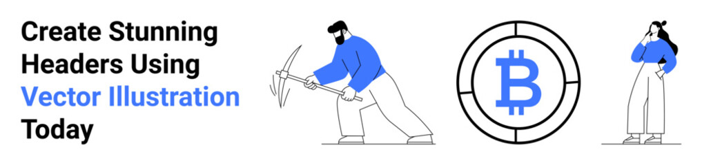 Worker mining cryptocurrency with a pickaxe, woman contemplating finance, Bitcoin logo. Ideal for blockchain, digital currency, fintech, crypto trading, technology, investment flat landing page