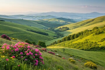 Rolling hills covered in lush greenery and colorful flowers, verdant, natural, calm, fauna, hill