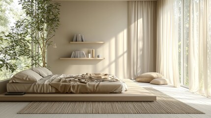 Serene Minimalist Bedroom with Natural Light and Greenery