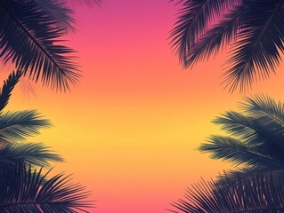 Vibrant Sunset with Palm Leaves Framing Colorful Sky Background