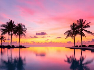 Serene Sunset Over Tropical Pool with Palms and Reflective Water