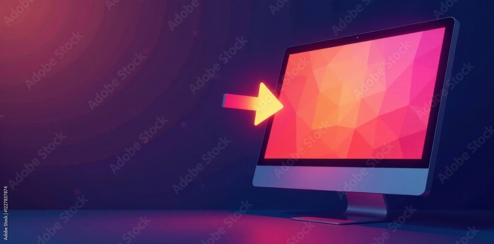 Poster simple icon with a stylized arrow pointing towards a computer screen, graphics, symbol