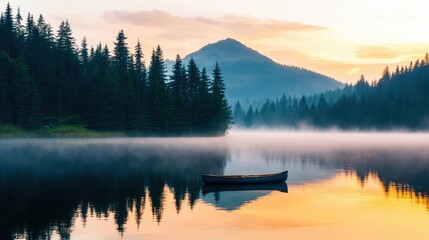 Tranquil lake with a single canoe surrounded by fog and forested mountains at sunrise