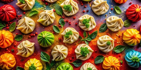 Fototapeta premium Delicious Jiaozi Dumplings on Vibrant Background with Copy Space - Aerial View