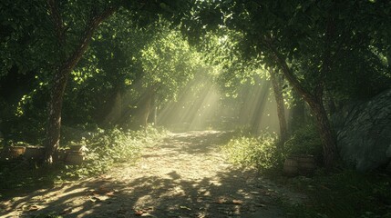 Sunlit Forest Path: A Digital Painting of Tranquil Nature
