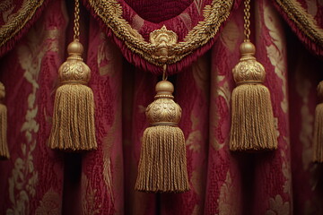 Luxurious Red Velvet Theater Curtains Embellished With Ornate Golden Tassels