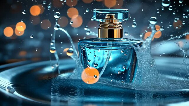 Elegant blue perfume bottle splashing in water with bokeh lights