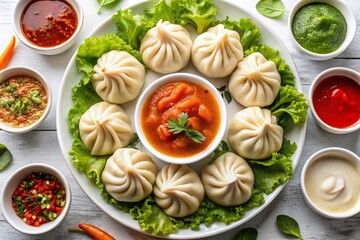 Delicious Momos with Dipping Sauces and Salad - Top View Food Photography