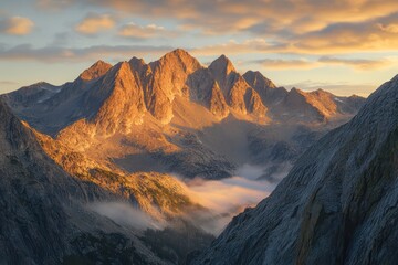 Towering rocky peaks glowing under a golden sunrise, with misty valleys below blanketed in soft golden light