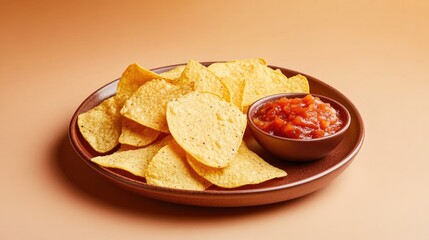 top-down view of round ceramic plate filled with golden tortilla chips accompanied by small bowl of salsa bright overhead