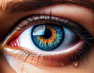 Fototapeta premium A close up of a woman's eye with a blue iris and brown lashes. The eye is slightly teary