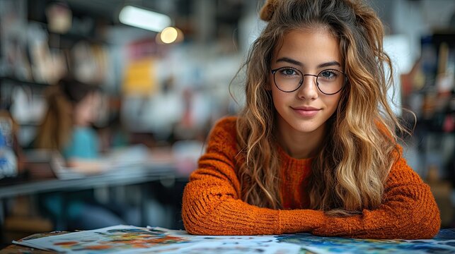 A young woman with glasses and a warm smile looks at the camera while sitting in a classroom with painting supplies in front of her.