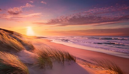 "Serene coastal landscape featuring soft sand dunes, a glowing sunset, and gentle waves under a pastel sky."
