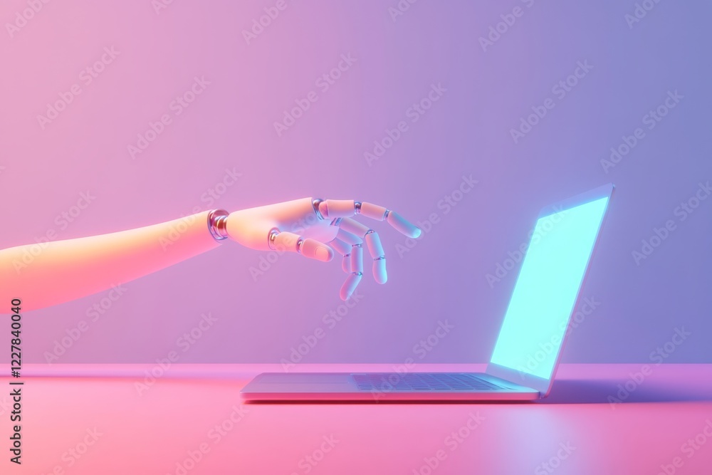 Aufkleber robotic hand reaching towards a laptop in a modern and colorful digital setting
