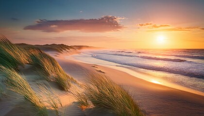 "Serene coastal landscape featuring soft sand dunes, a glowing sunset, and gentle waves under a pastel sky."
