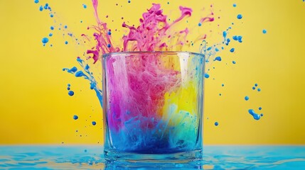 Bright, Vibrant Ink Explosion in Glass Cup Capturing the Essence of a Carnival Theme Party Event with Colorful Splashes on Yellow Background
