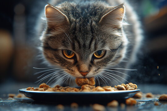 Cute Cat Enjoys Tasty Dry Food in Cozy Kitchen Setting During Bright Daytime