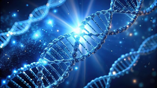 Glowing DNA strands suspended in a dark blue background with tiny particles, glow